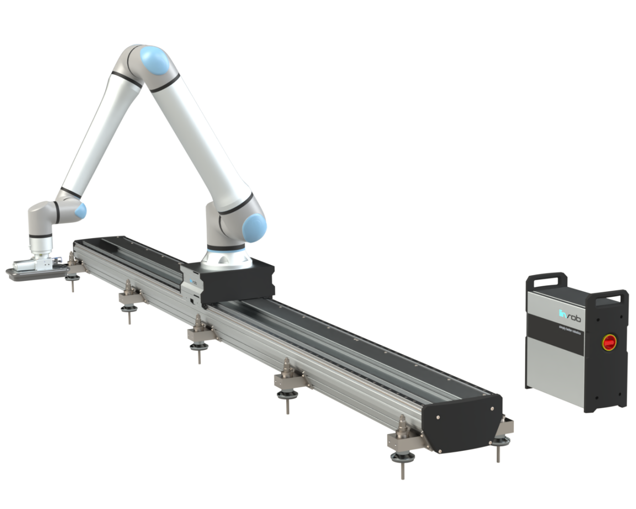 linrob 7. Achse (Siebte Achse) mit Cobot zur Erweiterung des Arbeitsbereichs für Pick-and-Place- und Materialhandling-Anwendungen.